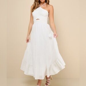 Effortless Sweetness White Ruched Lace-Up Tiered Midi Dress